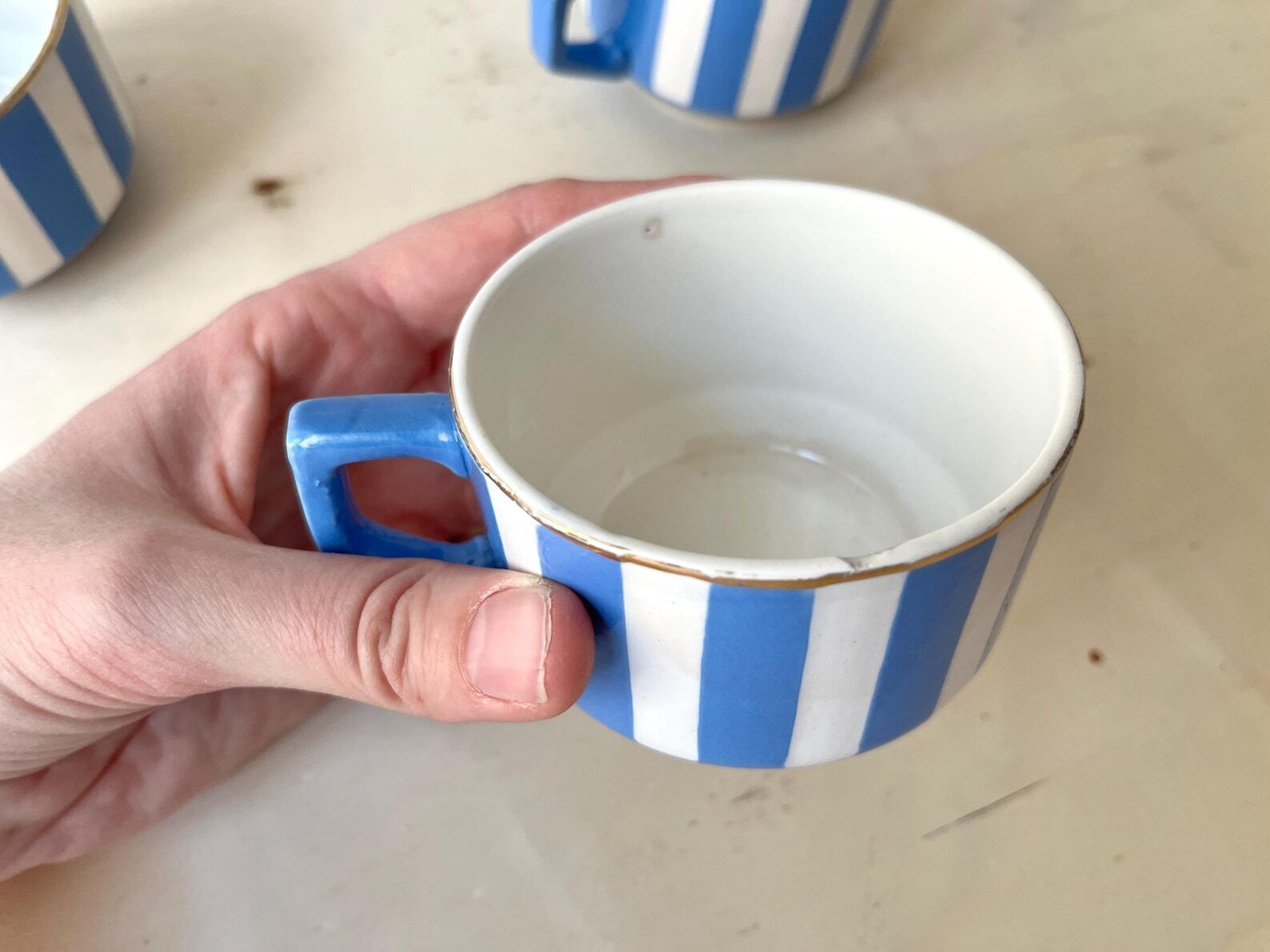 photo furniture French Art Deco Set Of 3 Teacups And Saucers, Fox Trott Sarreguemines France 1930s, Antique Blue Stripes Earthenware Tableware