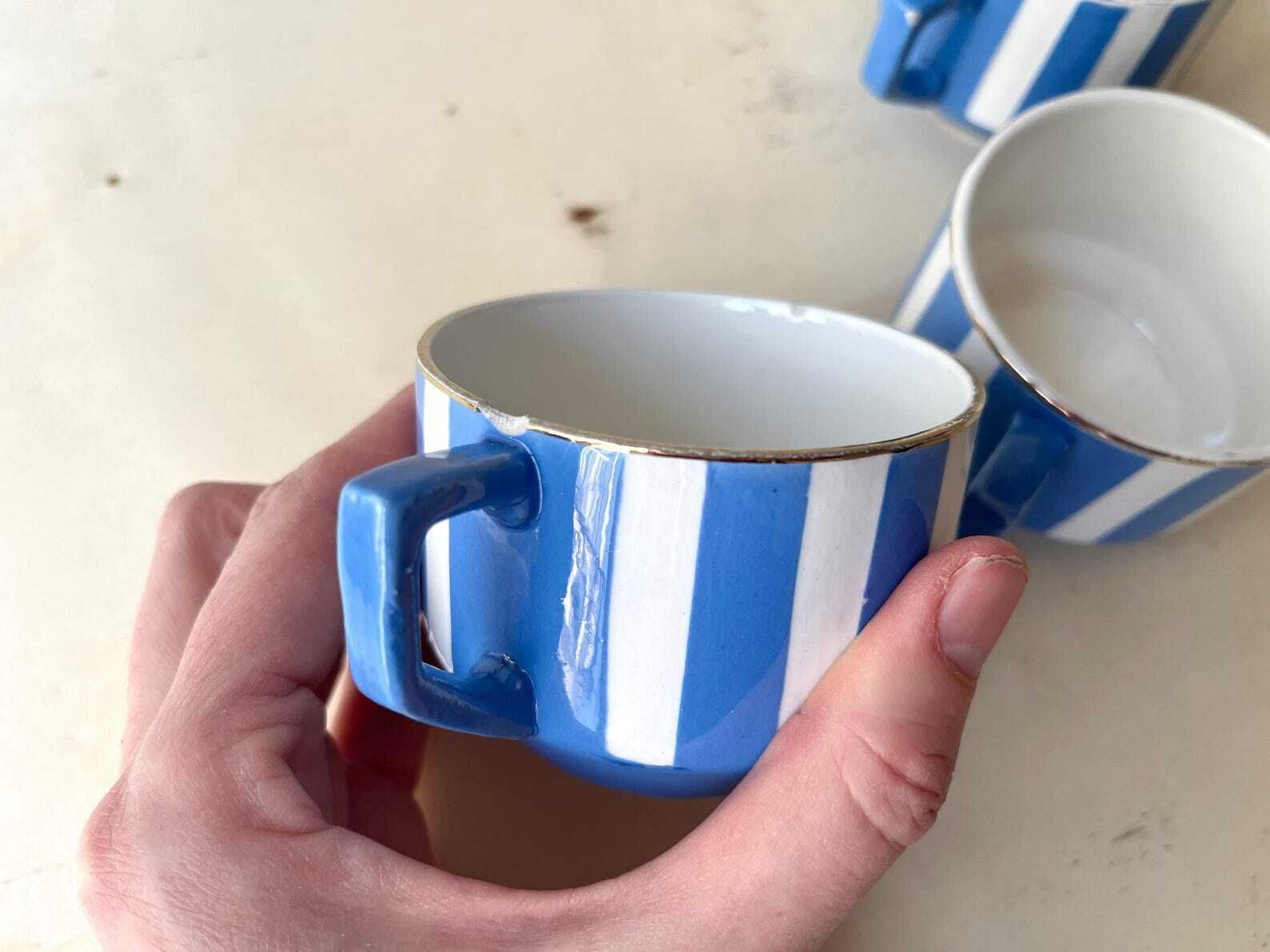 photo for sale French Art Deco Set Of 3 Teacups And Saucers, Fox Trott Sarreguemines France 1930s, Antique Blue Stripes Earthenware Tableware