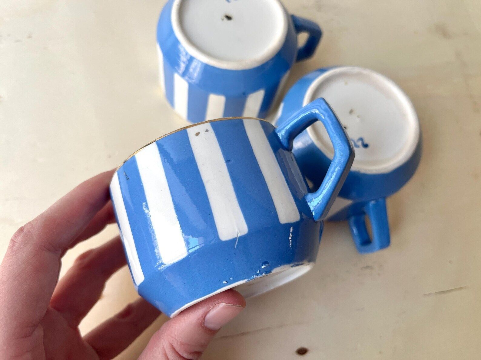 244.0 French Art Deco Set Of 3 Teacups And Saucers, Fox Trott Sarreguemines France 1930s, Antique Blue Stripes Earthenware Tableware photo