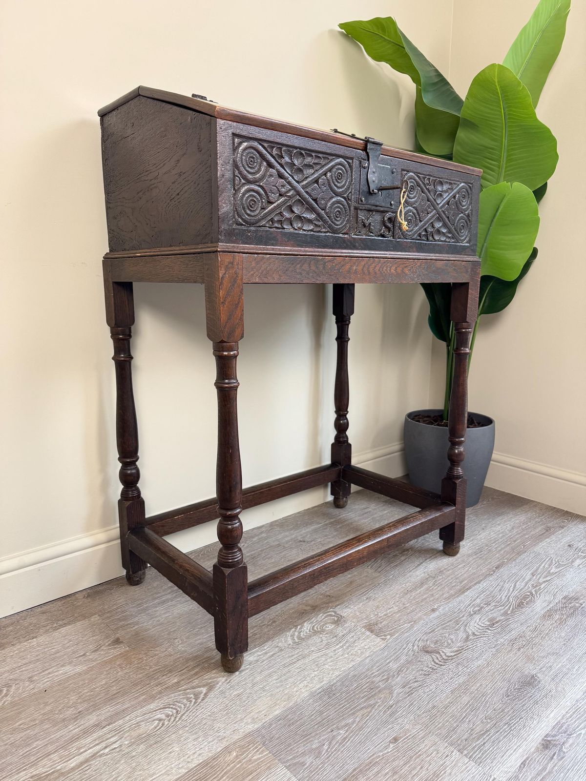 Antique Carved Oak Bible Box On Stand – Circa Early 18th Century Storage Chest photo furniture