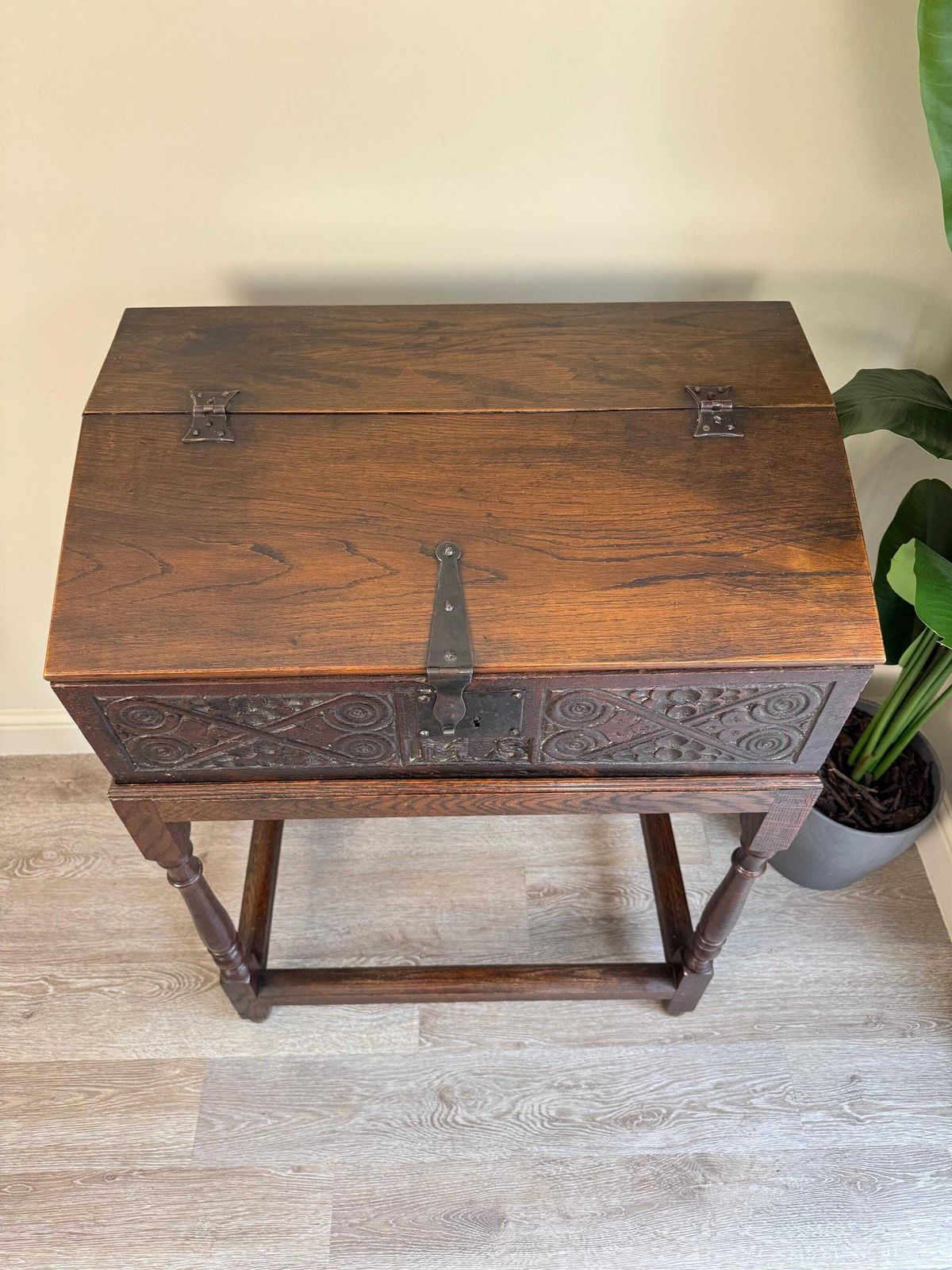 photo buy Antique Carved Oak Bible Box On Stand – Circa Early 18th Century Storage Chest
