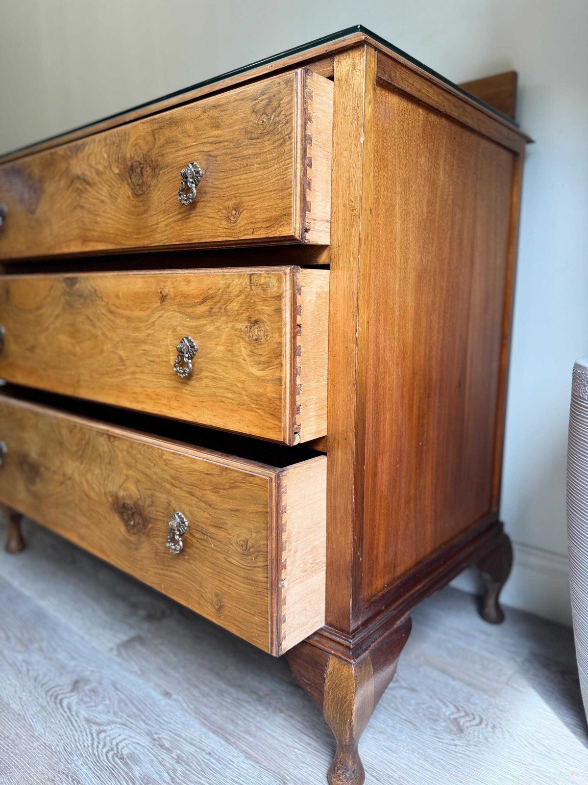 Vintage Walnut Wood Chest Of Drawers: Dovetail Joints, Original Hardware photo vinterior