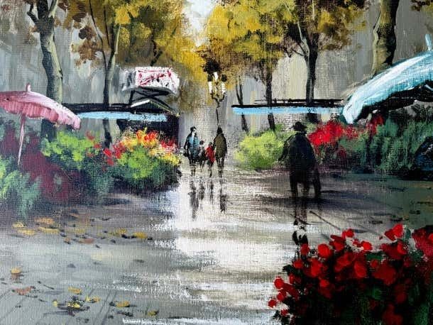 Jordi Junyent Las Ramblas Barcelona Flower Market Street Scene Painting Urban Impressionist 1988 photo buy