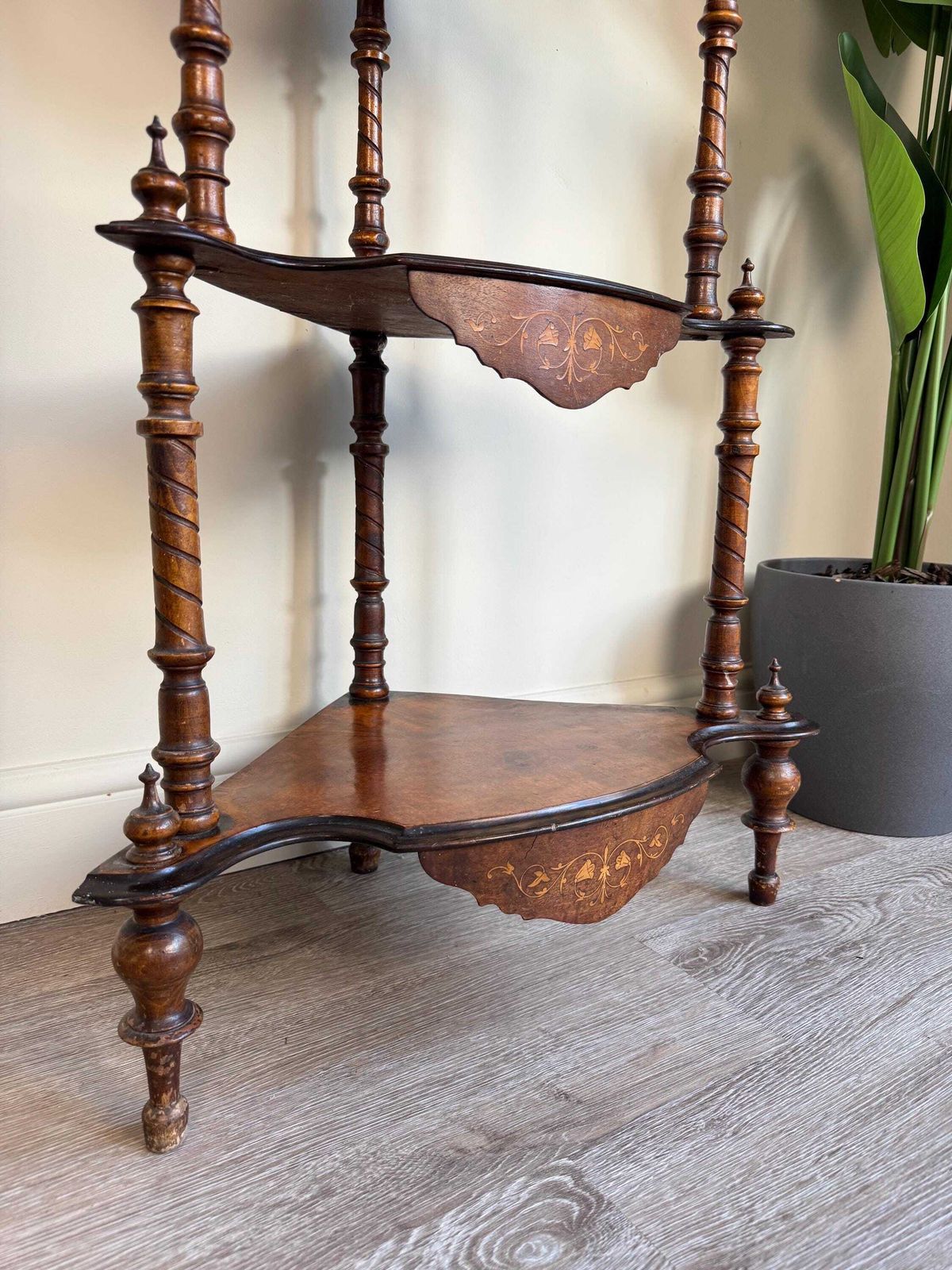 Antique 19th Century Victorian Walnut Marquetry Inlaid Serpentine Watnot Shelving Unit photo 395.0