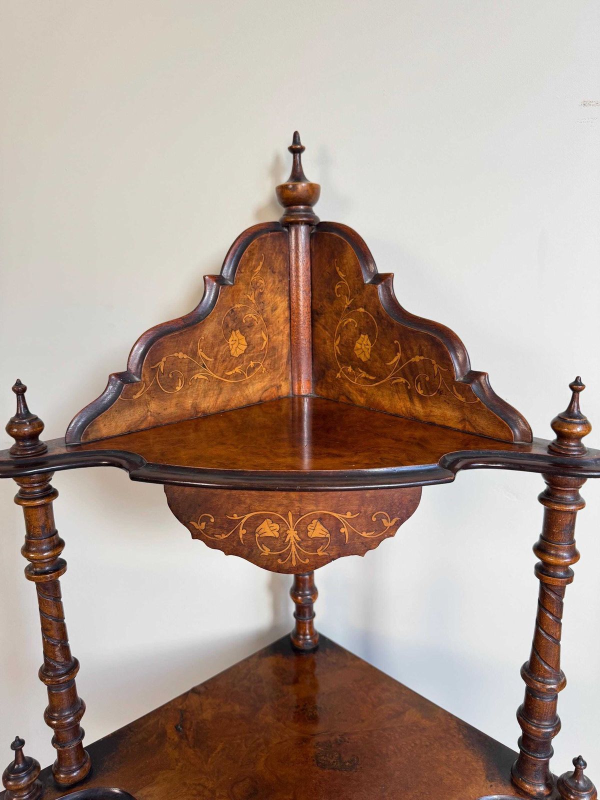 Antique 19th Century Victorian Walnut Marquetry Inlaid Serpentine Watnot Shelving Unit photo vinterior
