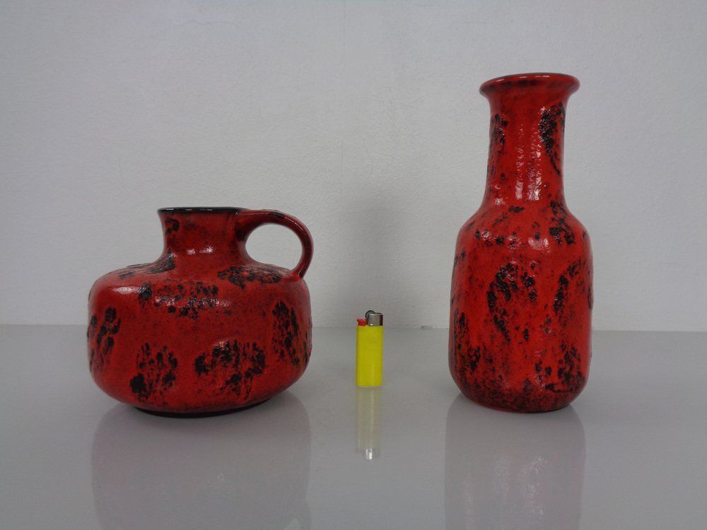 Red Lava Ceramic Vases From Gräflich Ortenburg 1960s Set Of 2 photo Home Decor