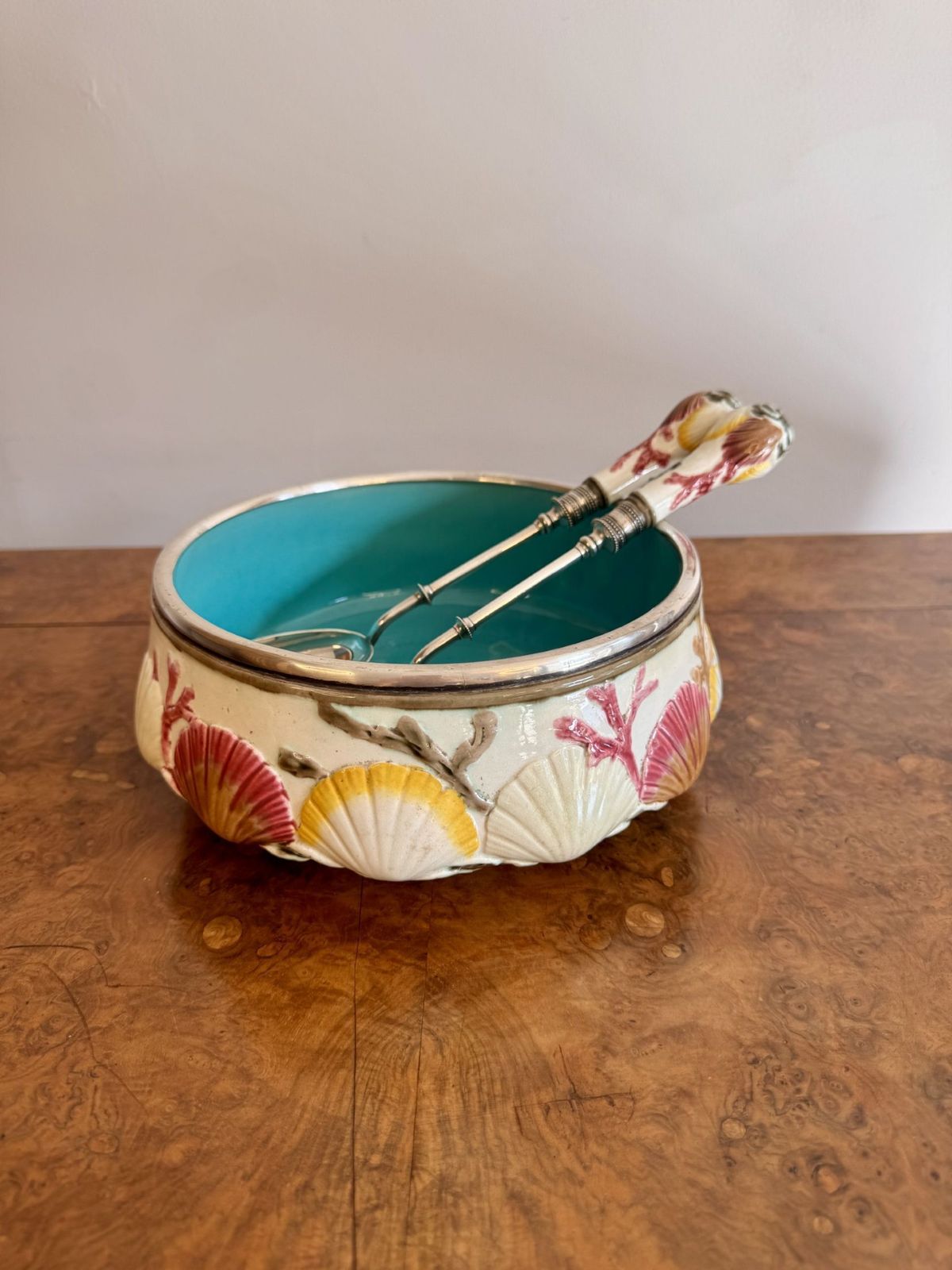Quality Antique Majolica Salad Bowl And Servers