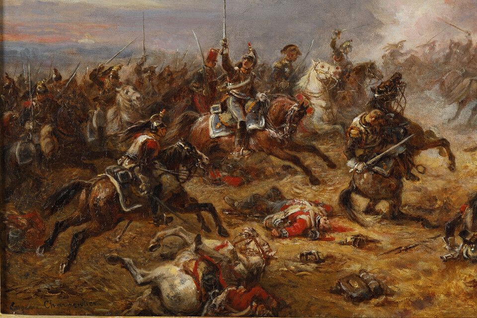 photo furniture Painting Depicting French Cuirassiers At Waterloo, Signed Eugène Charpentier