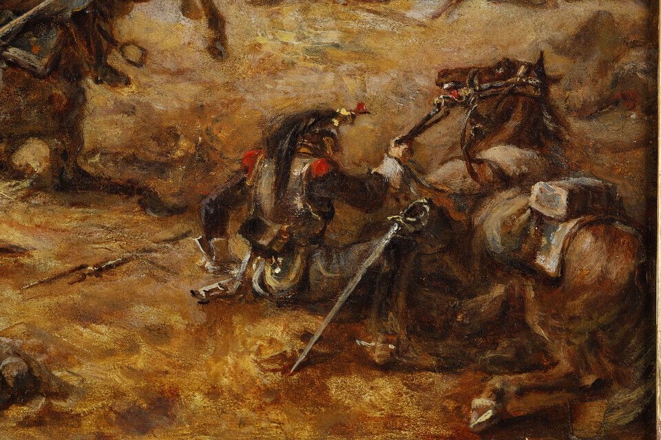 photo vintage Painting Depicting French Cuirassiers At Waterloo, Signed Eugène Charpentier
