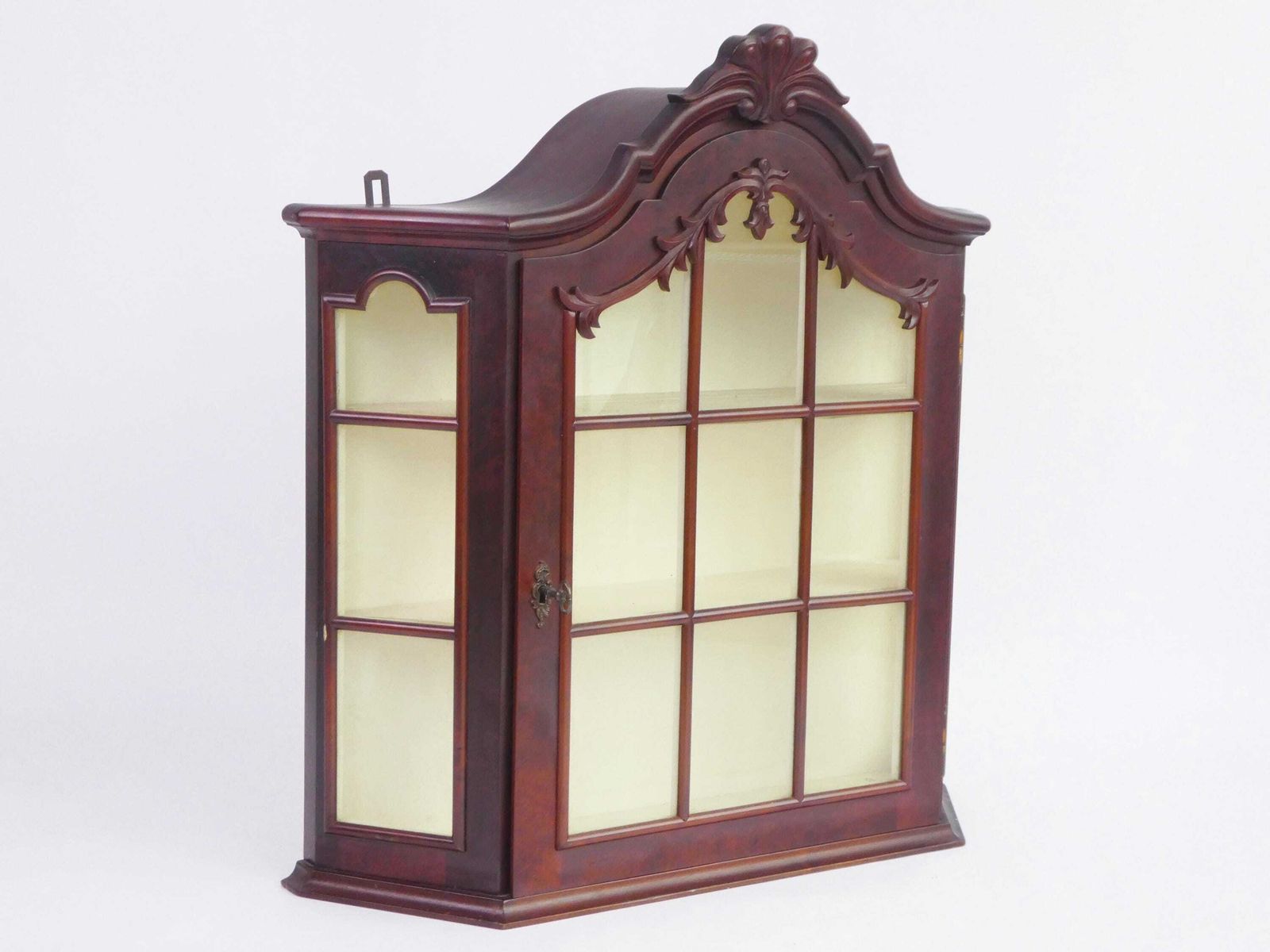 Mid Century Wooden Wall Display With Ornament And White Shelves, Cabinet With Lock, Glass Medicine Apothecary Storage