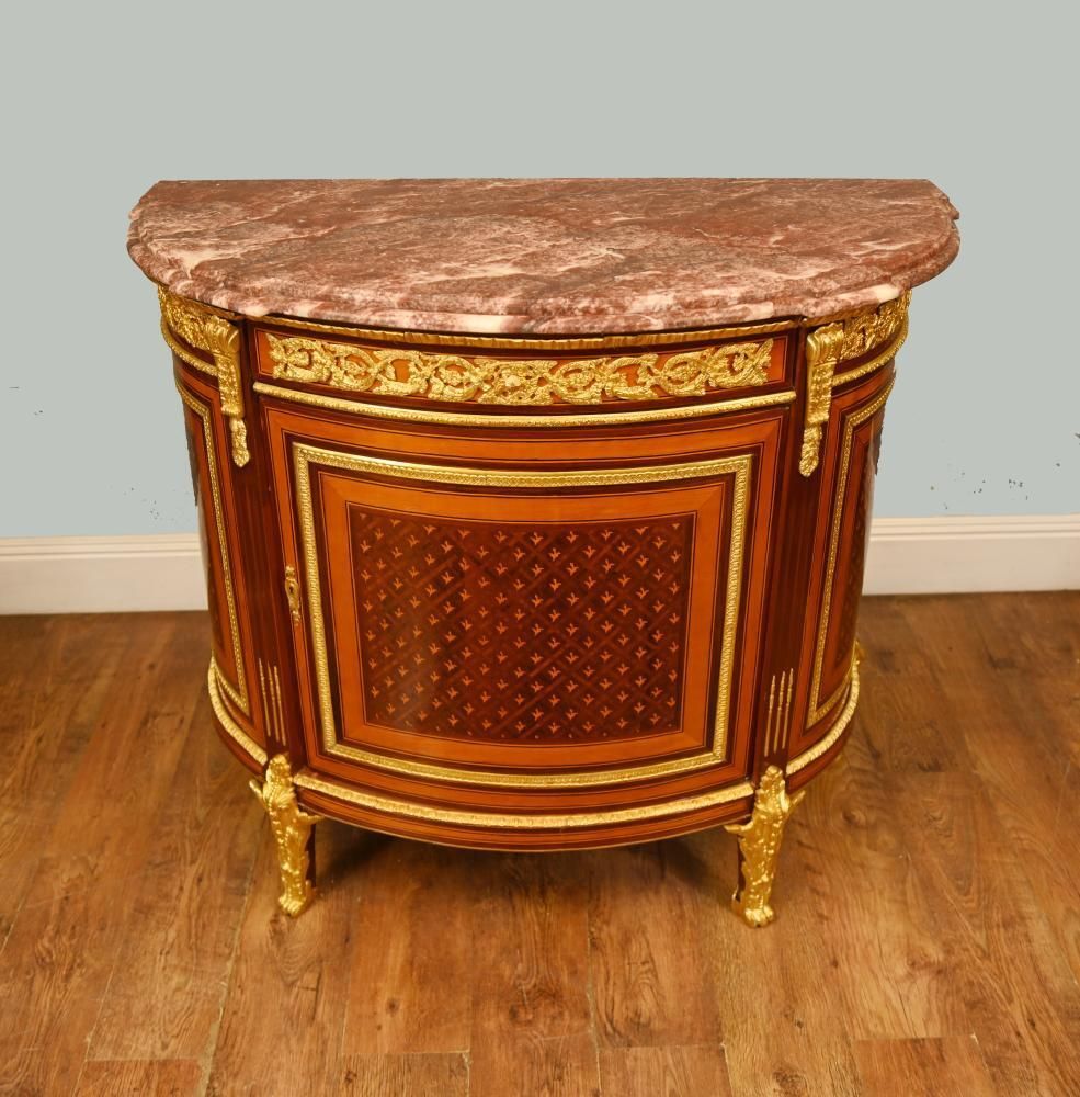 Pair French Empire Demi Lune Commodes Marquetry Cabinets Gilt photo for sale