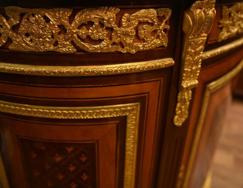 Furniture Pair French Empire Demi Lune Commodes Marquetry Cabinets Gilt photo