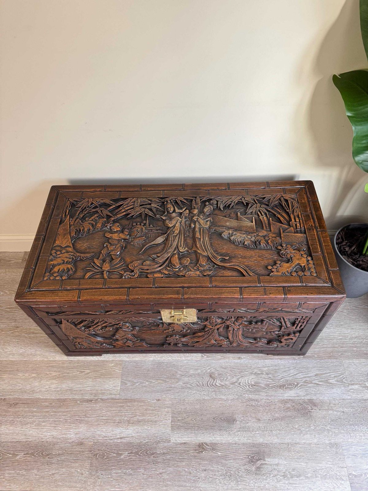 Vintage Chinese Carved Oak Dark Wood Blanket Box Chest Coffer Camphor Chest. photo for sale