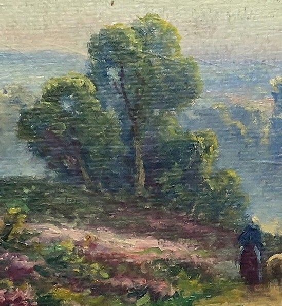 Painting "Shepherdess And Her Flock", Oil On Panel Signed G. Corbier – Early 20th Century photo vintage