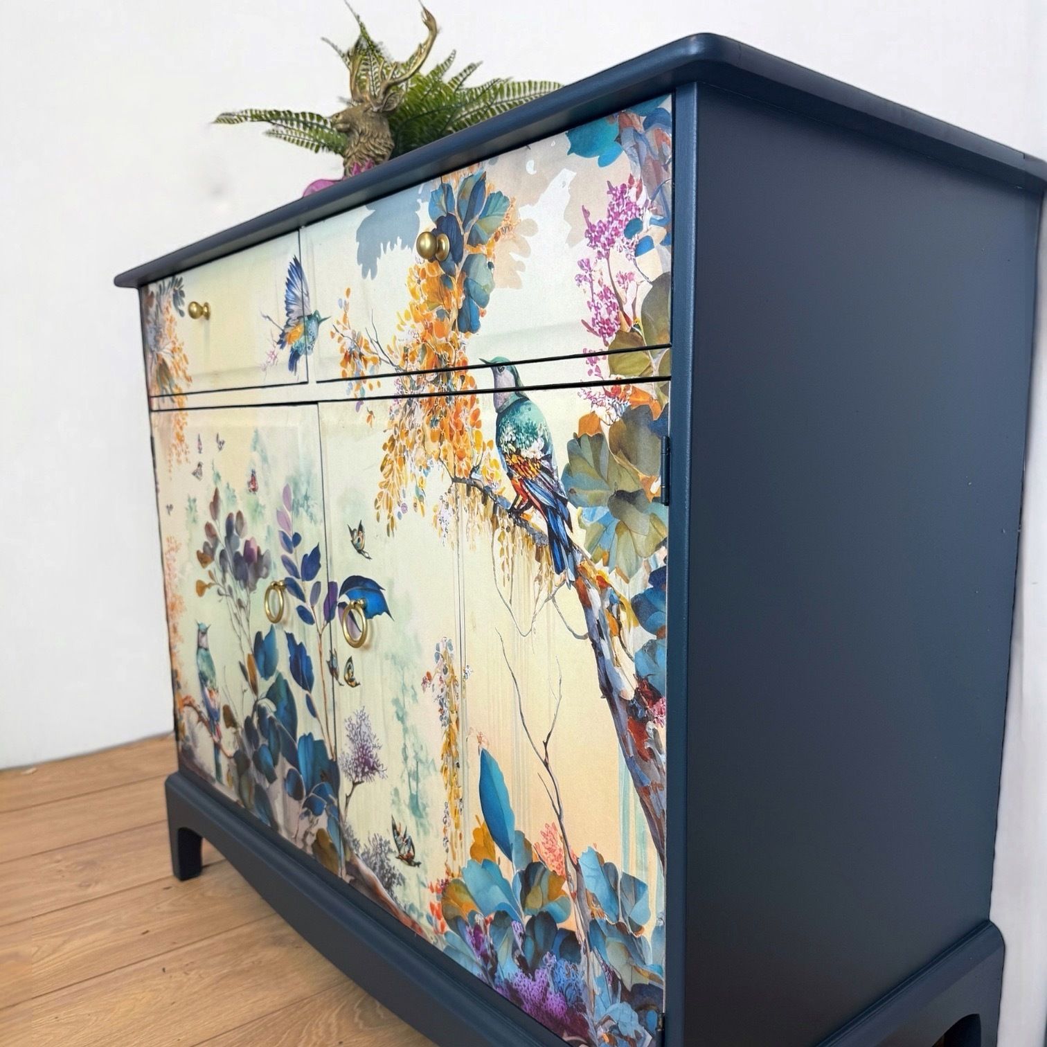 Made To Order Pretty Refinished Stag Minstrel Sideboard In Deep Teal With Floral Bird Design. Navy Blue Tv Unit photo furniture
