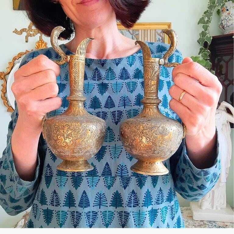 Antique Indian Brass Jugs With Engraved Animal And Foliate Decoration And Cobra Head's Handles 8.7'' Tall