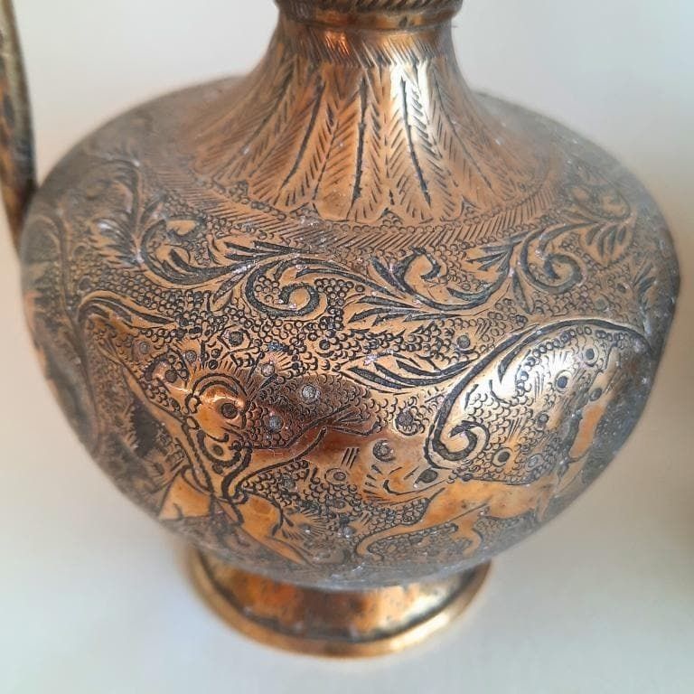 Antique Indian Brass Jugs With Engraved Animal And Foliate Decoration And Cobra Head's Handles 8.7'' Tall photo Home Decor