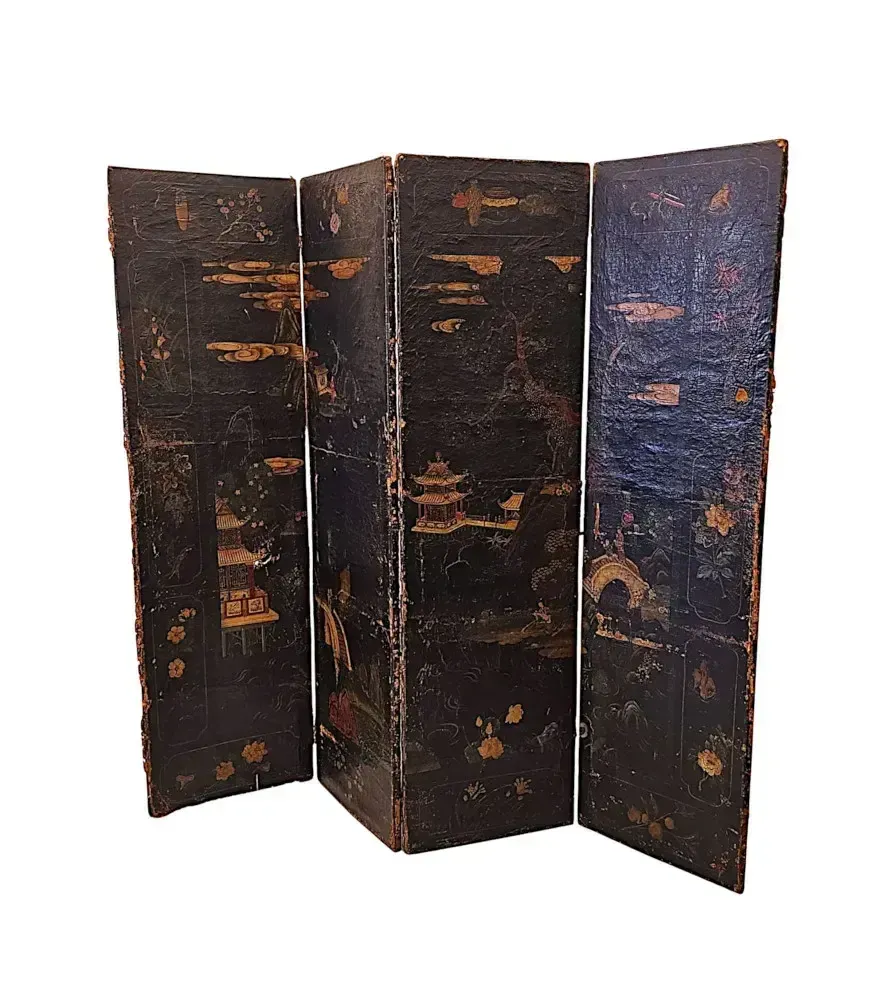 A Very Fine And Unusual 19th Century Country House Four Fold Oriental Screen With Hide Painted Panels photo for sale