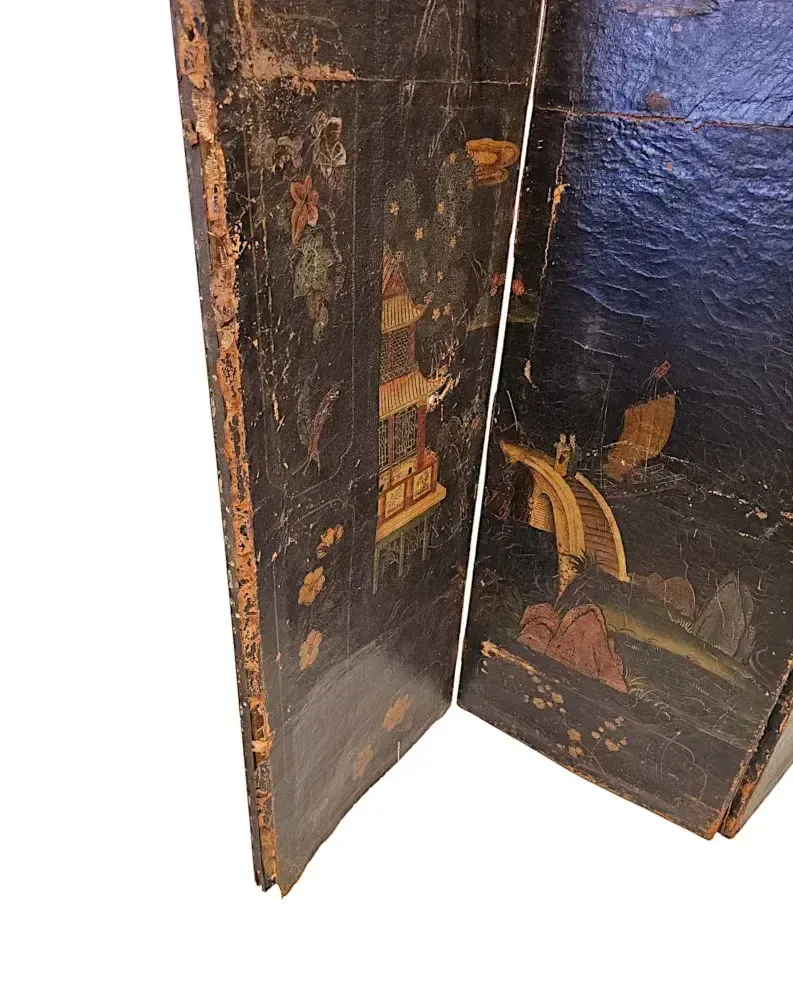A Very Fine And Unusual 19th Century Country House Four Fold Oriental Screen With Hide Painted Panels photo vintage