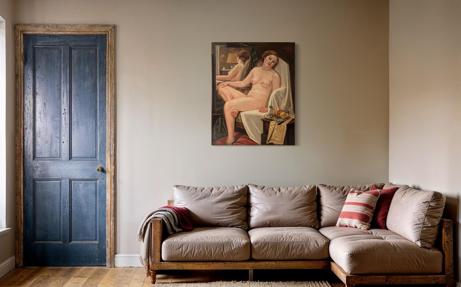 French Antique Woman Portrait Oil On Canvas, Art Deco Large Nude Painting, Interior Scene By Ulysse Moussalli. photo for sale