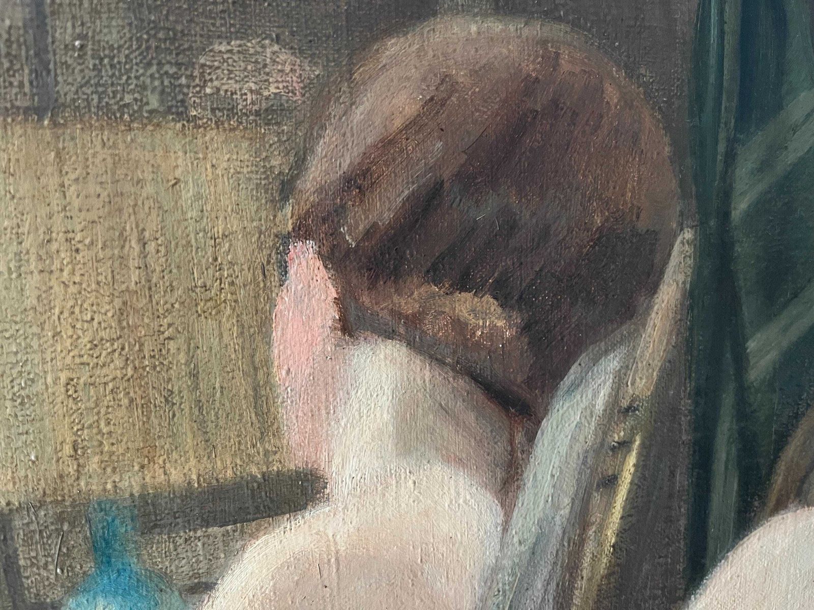 photo vintage French Antique Woman Portrait Oil On Canvas, Art Deco Large Nude Painting, Interior Scene By Ulysse Moussalli.
