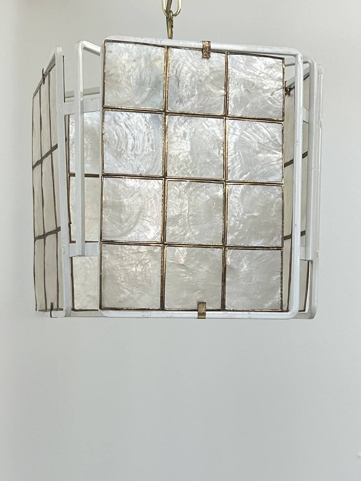 Vintage Pendant Light, White Lacquered Metal And Mother Of Pearl, France, 1980 photo vinterior