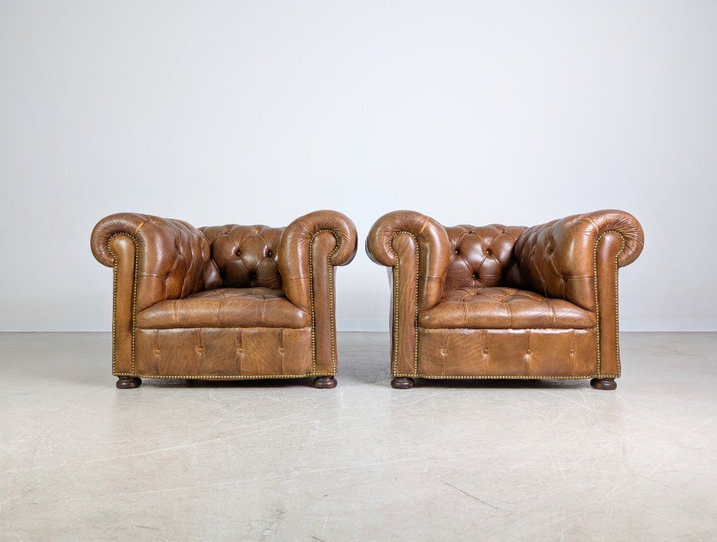 2x Original Handmade Chesterfield Armchairs England 1920 Antique photo for sale