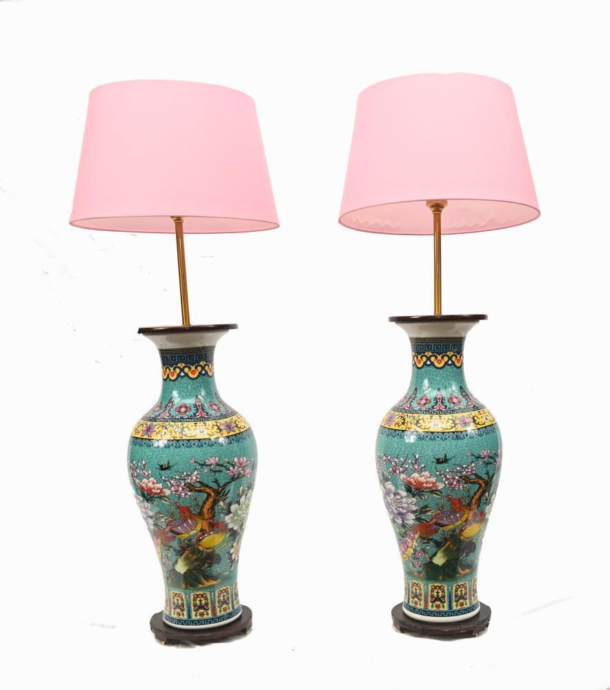 Pair Chinese Porcelain Table Lamps Famille Vert Shades