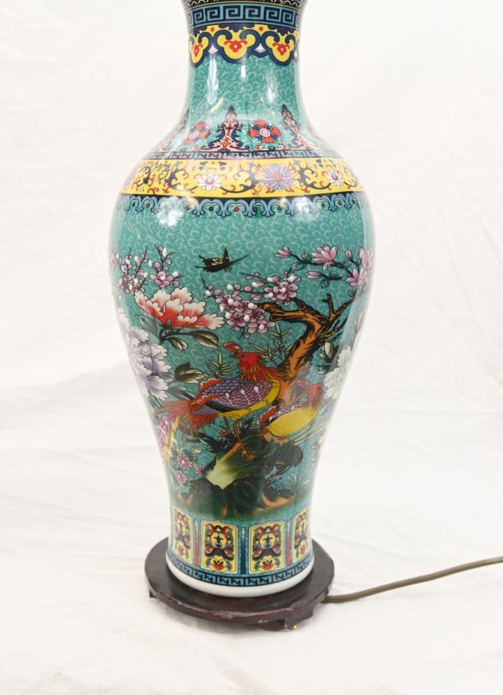 Pair Chinese Porcelain Table Lamps Famille Vert Shades photo for sale
