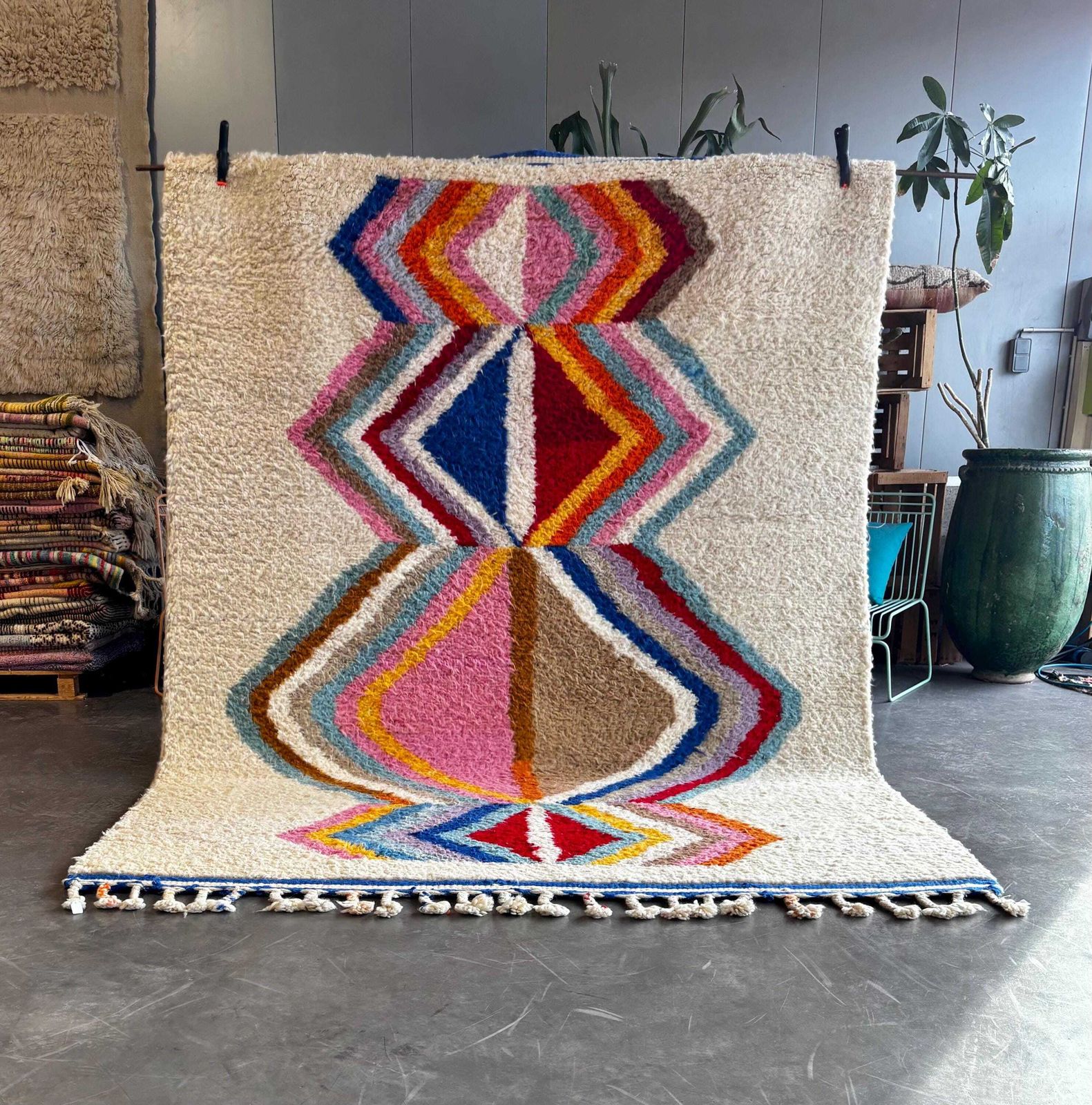 Berber Colorful Moroccan Beni Ourain Wool Rug 220x300 Cm   Berber Moroccan Rug   Handmade Boho Floor Carpet With Bold Multicolor Patterns
