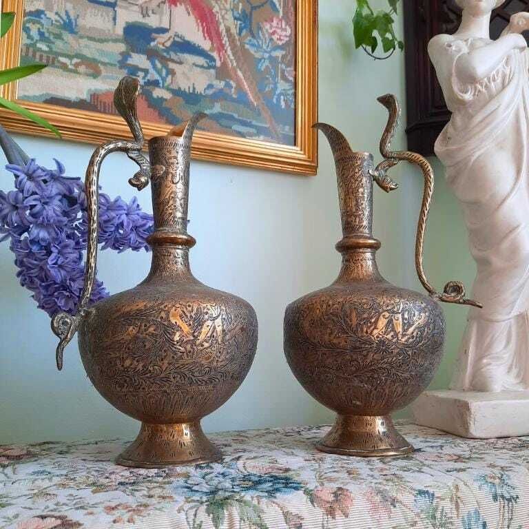 Large Pair Of Antique Indian Brass Vases With Cobra Handles And Hand Engraved Decoration photo furniture