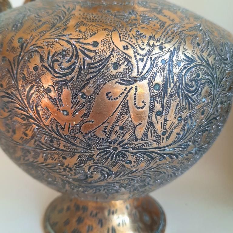 Large Pair Of Antique Indian Brass Vases With Cobra Handles And Hand Engraved Decoration photo Home Decor