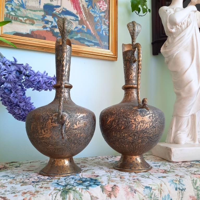 photo furniture Large Pair Of Antique Indian Brass Vases With Cobra Handles And Hand Engraved Decoration