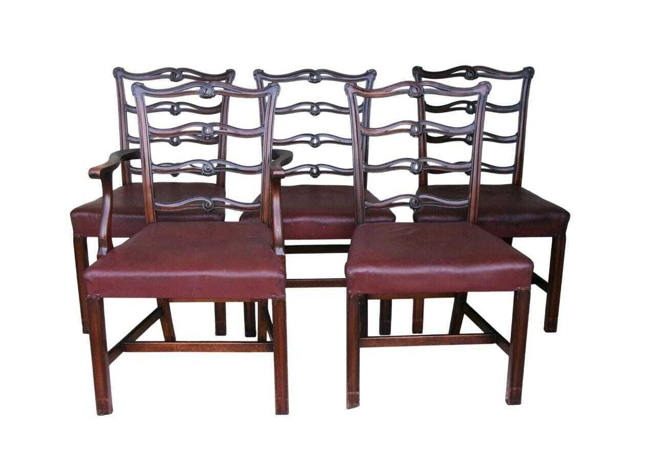 5 Late Georgian Mahogany Dining Chairs, Chippendale Style Ribbon Ladderback, Leather Seat, Inc Carver