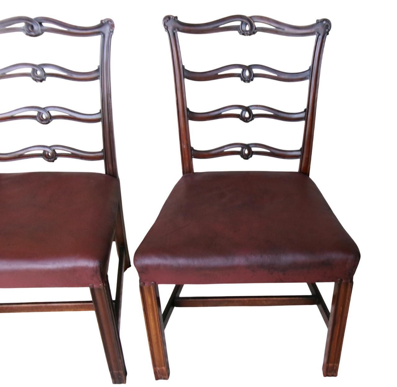 photo buy 5 Late Georgian Mahogany Dining Chairs, Chippendale Style Ribbon Ladderback, Leather Seat, Inc Carver