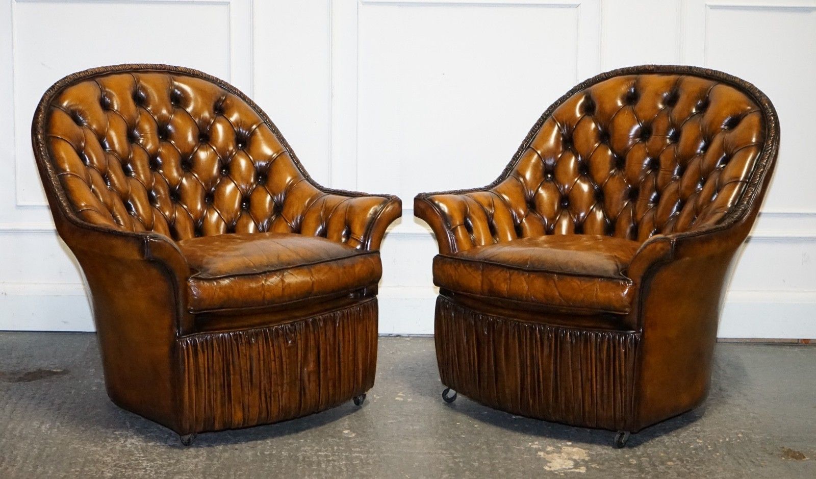Rare Pair Of Brown Hand Dyed Leather Chesterfield Armchairs With Pleated Front photo furniture