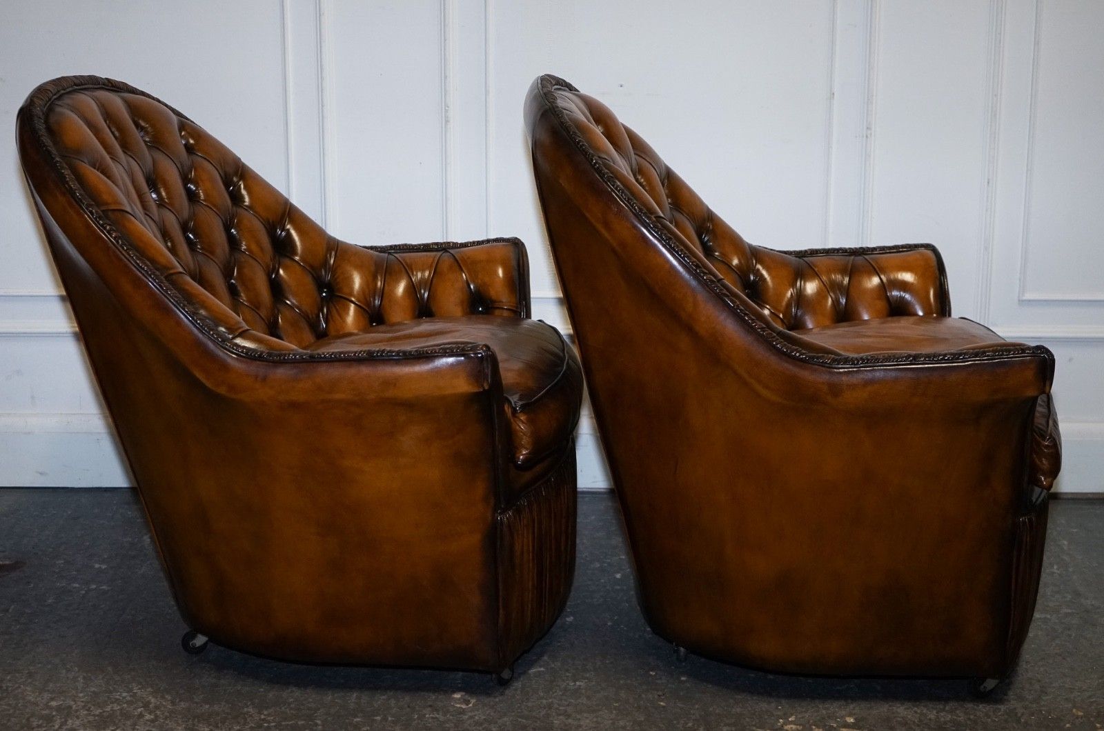 Rare Pair Of Brown Hand Dyed Leather Chesterfield Armchairs With Pleated Front photo Furniture