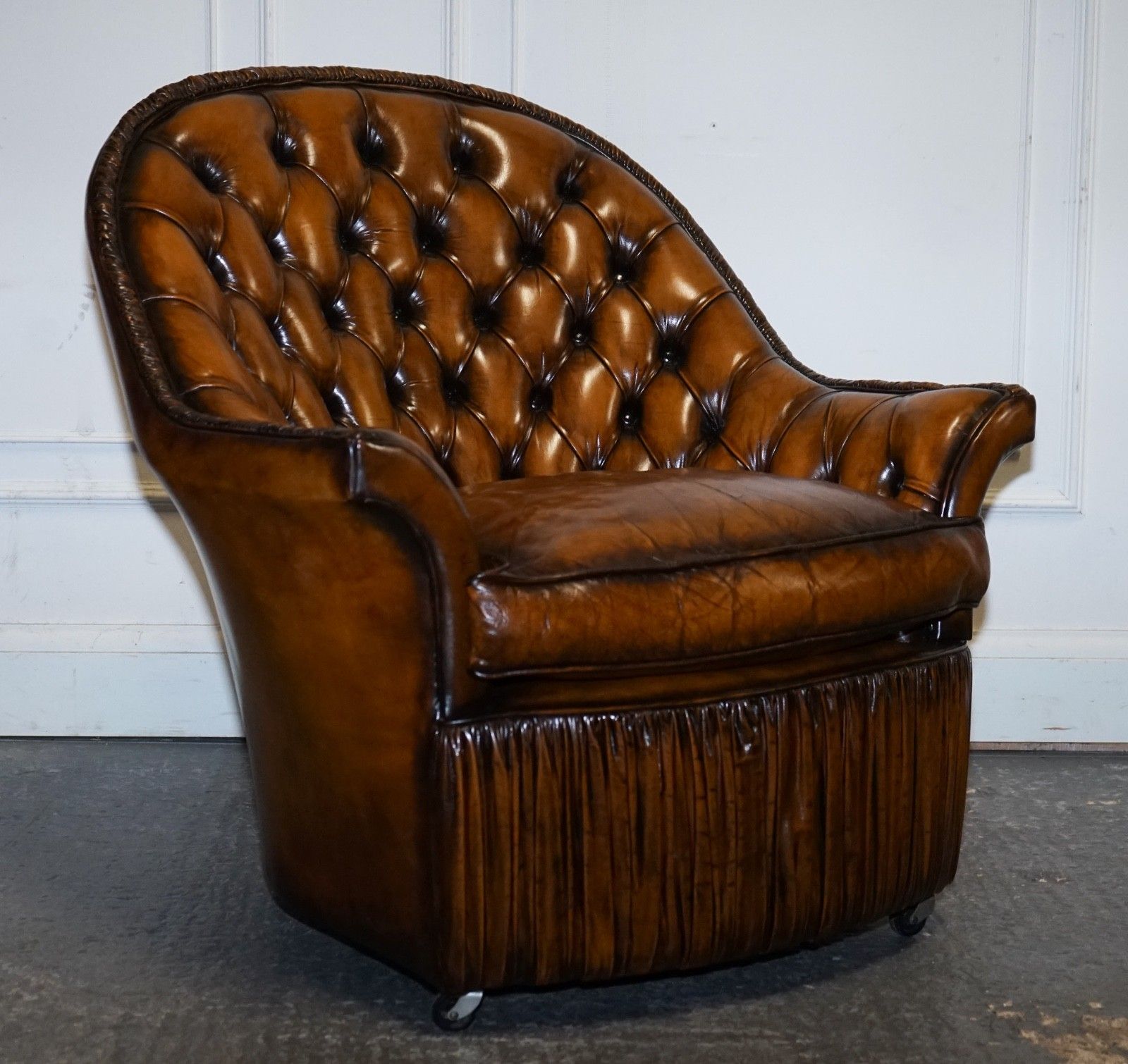 Rare Pair Of Brown Hand Dyed Leather Chesterfield Armchairs With Pleated Front photo buy