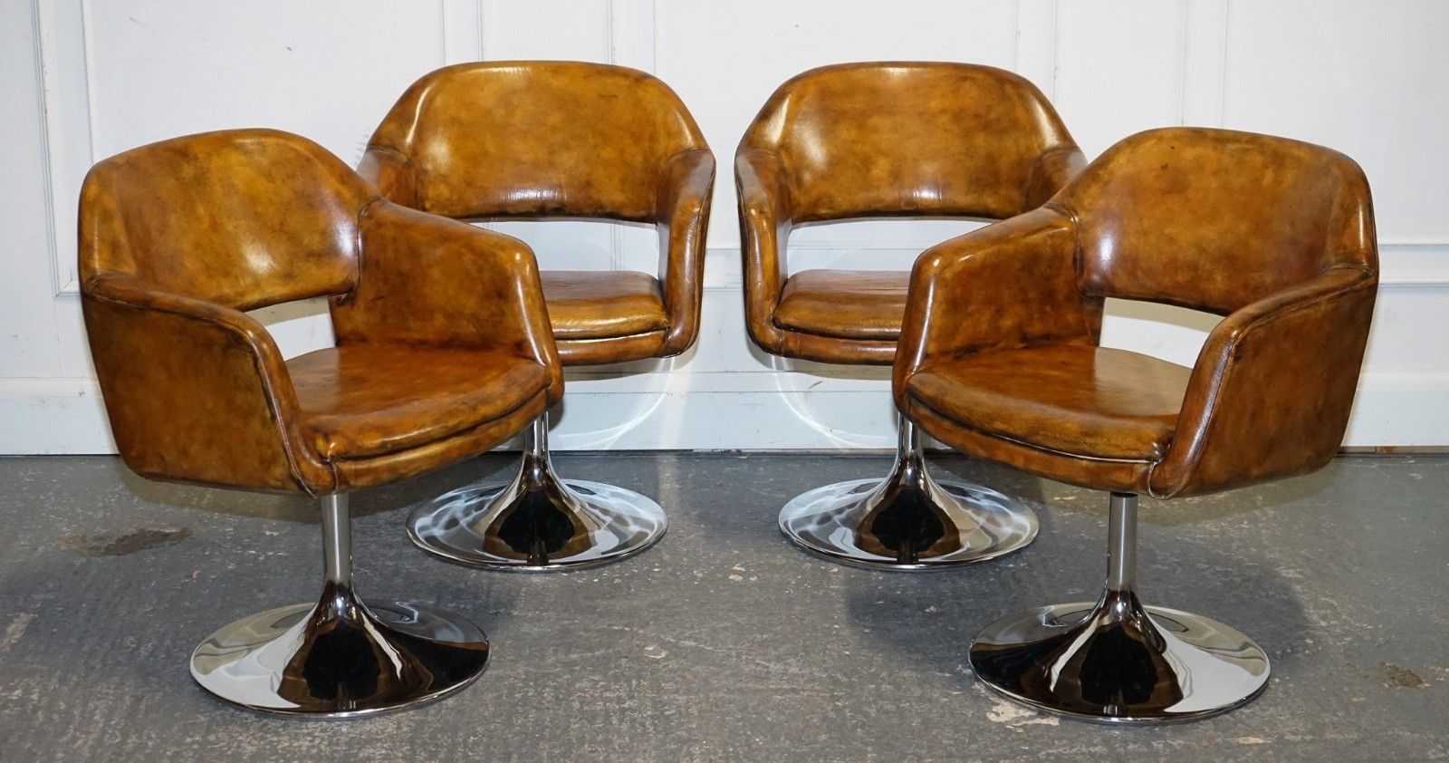 Set Of Four Restored Hand Dyed Leather Largo Johanson Design Swivel Armchairs photo furniture