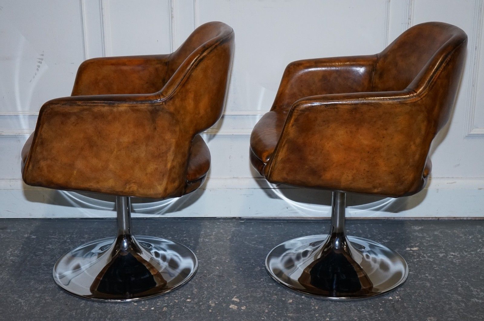 photo for sale Set Of Four Restored Hand Dyed Leather Largo Johanson Design Swivel Armchairs