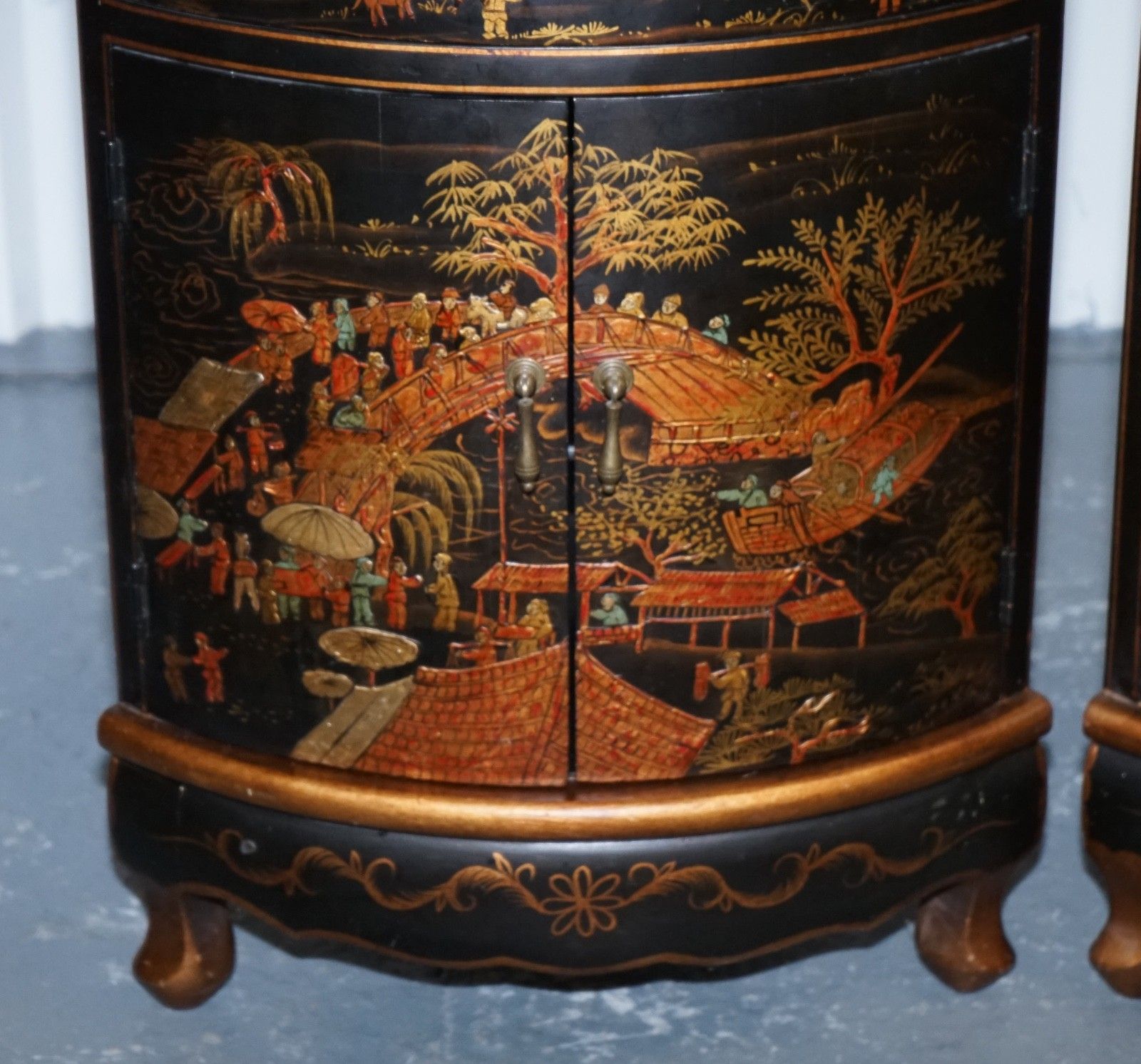 Matching Pair Of Chinese Chinoiserie Decorative Corner Cabinets With Cupboard photo vinterior