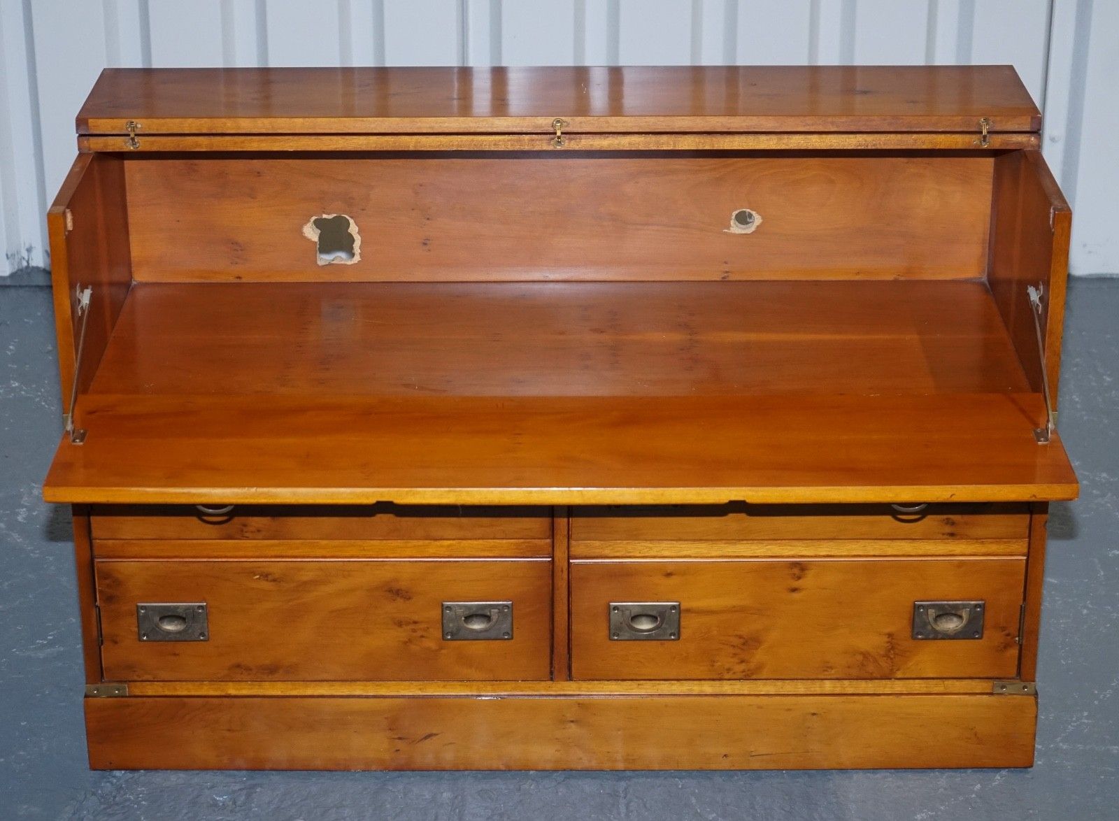 Furniture Vintage Record Player Cabinet Hidden Inside Military Campaign Chest Of Drawers photo