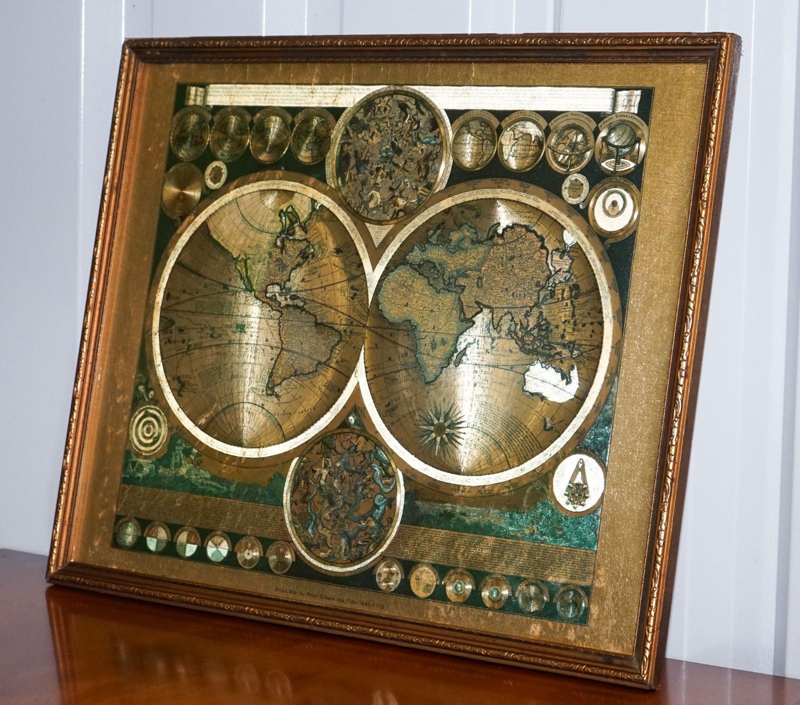 Vintage Framed Print Planisphaerium Terrestre Gold Foil Map World Peter Schenk photo Art