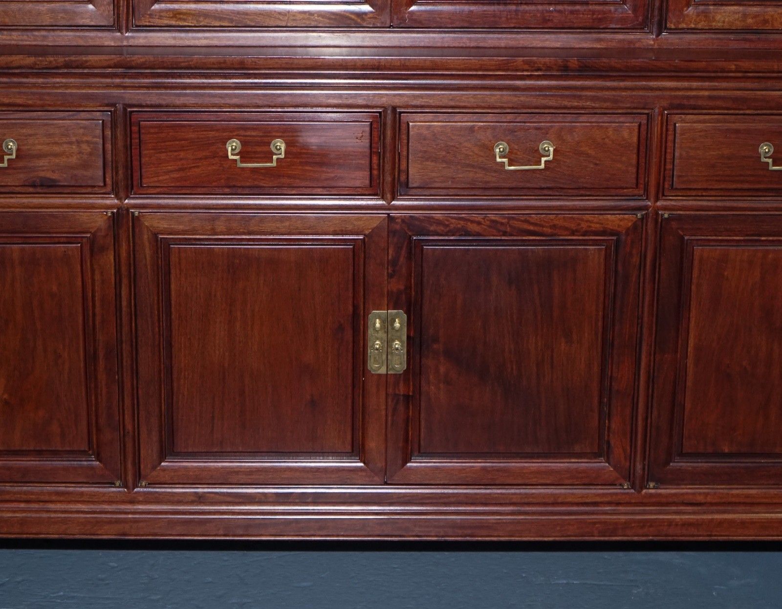 Tremendous Oriental Chinese Teak Bookcase Display Cabinet With Six Doors photo vintage