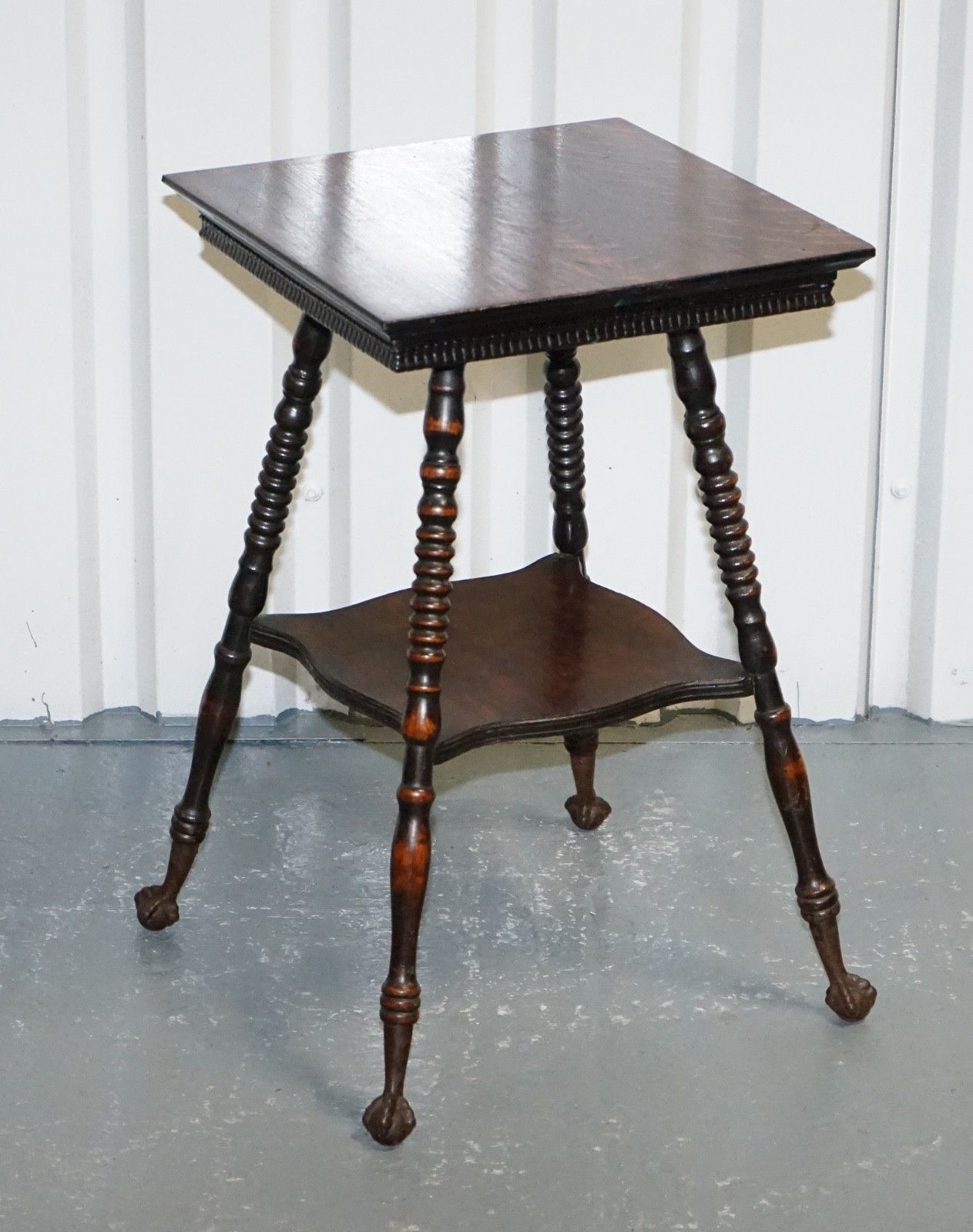 Antique Victorian Tiger Oak Side Table Turned Bobbin Legs With Cast Iron Feet photo furniture
