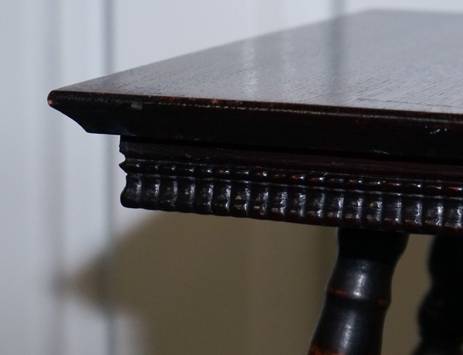 photo for sale Antique Victorian Tiger Oak Side Table Turned Bobbin Legs With Cast Iron Feet