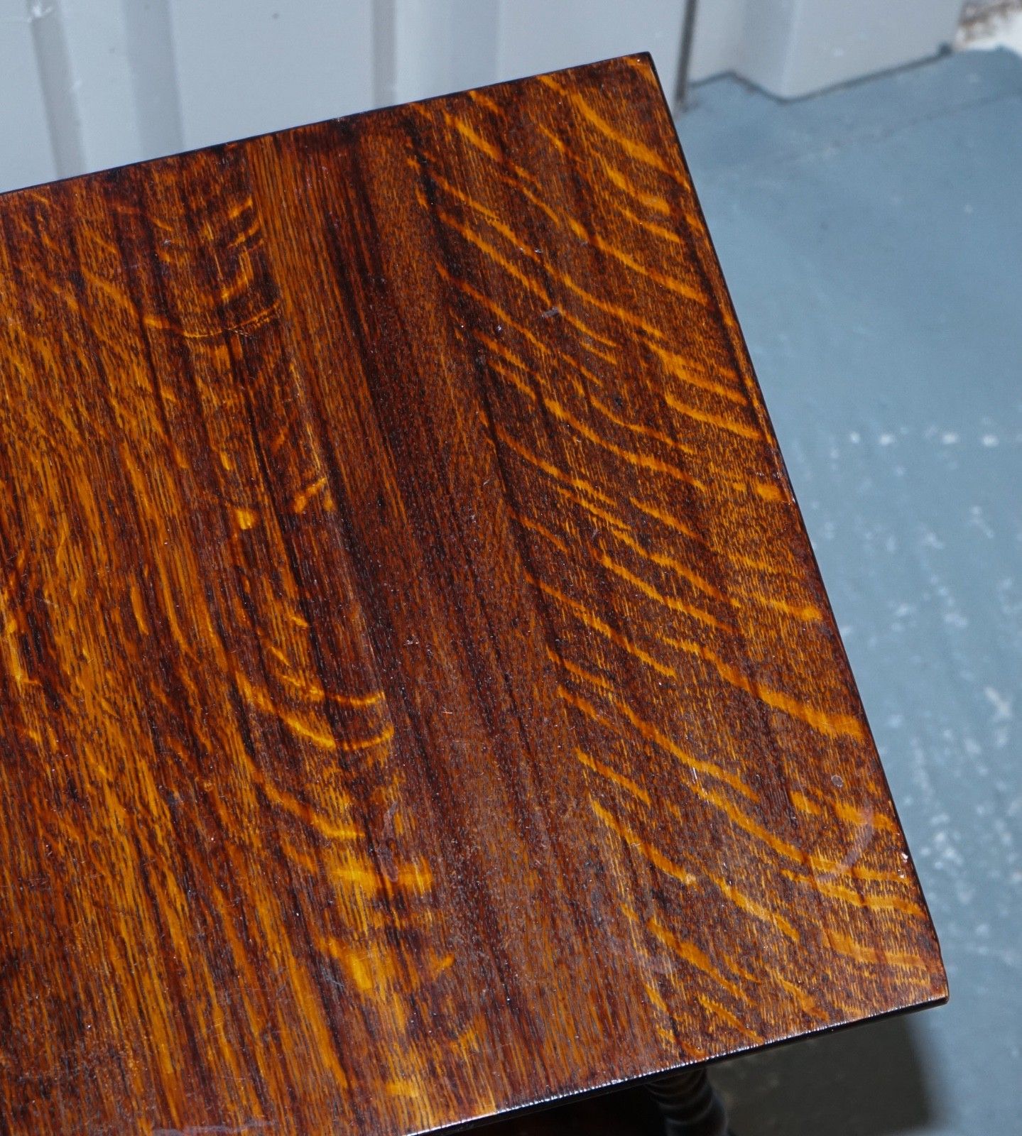 photo buy Antique Victorian Tiger Oak Side Table Turned Bobbin Legs With Cast Iron Feet