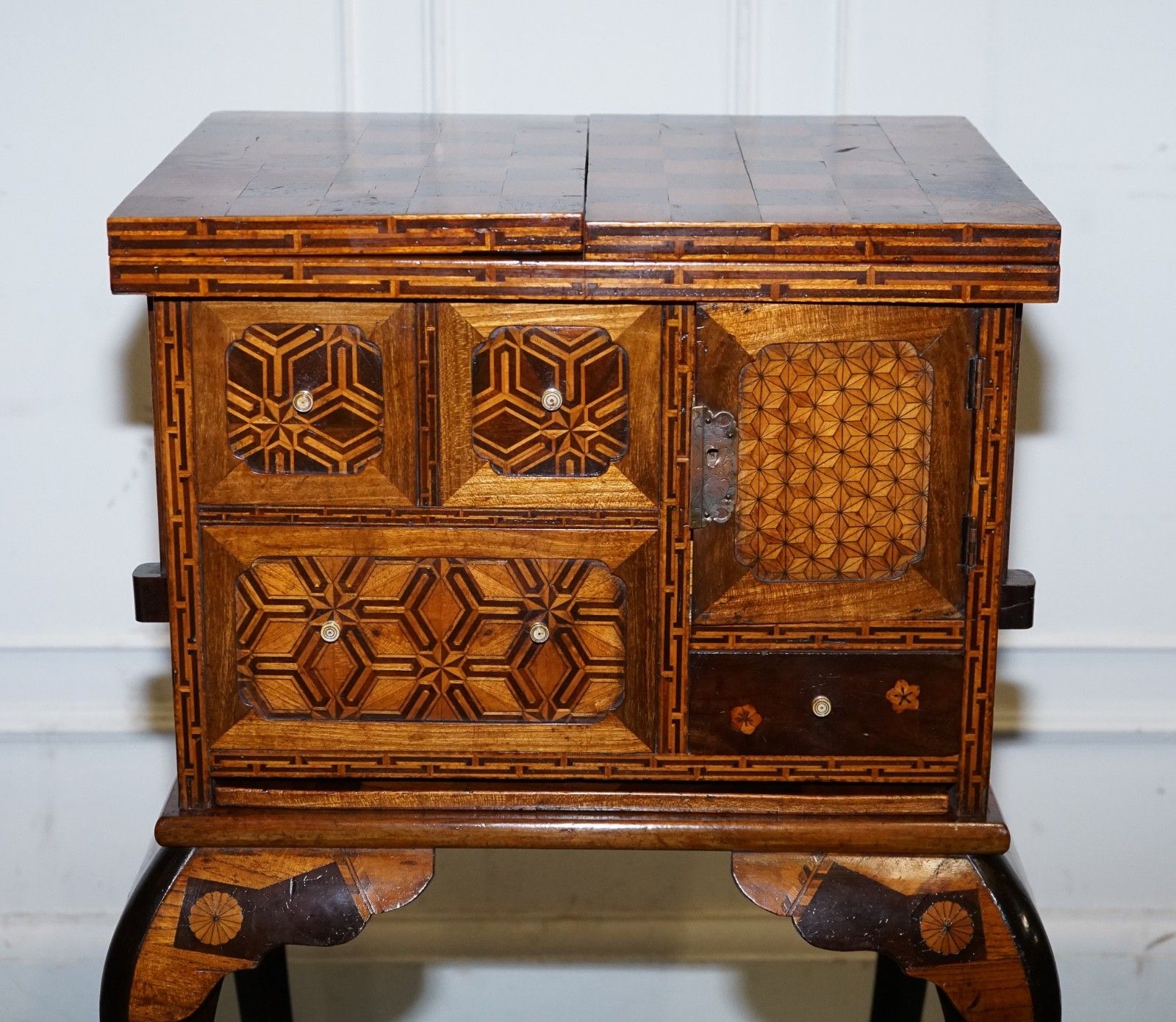 Antique Circa 1800s Japanese Marquetry Games Table Cabinet On Stand photo for sale