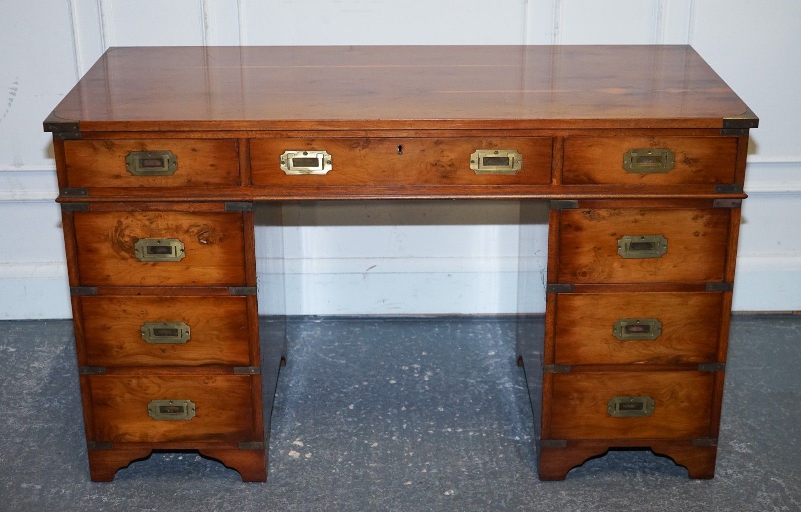 Vintage Military Campaign Yew Wood Twin Pedestal Desk photo for sale