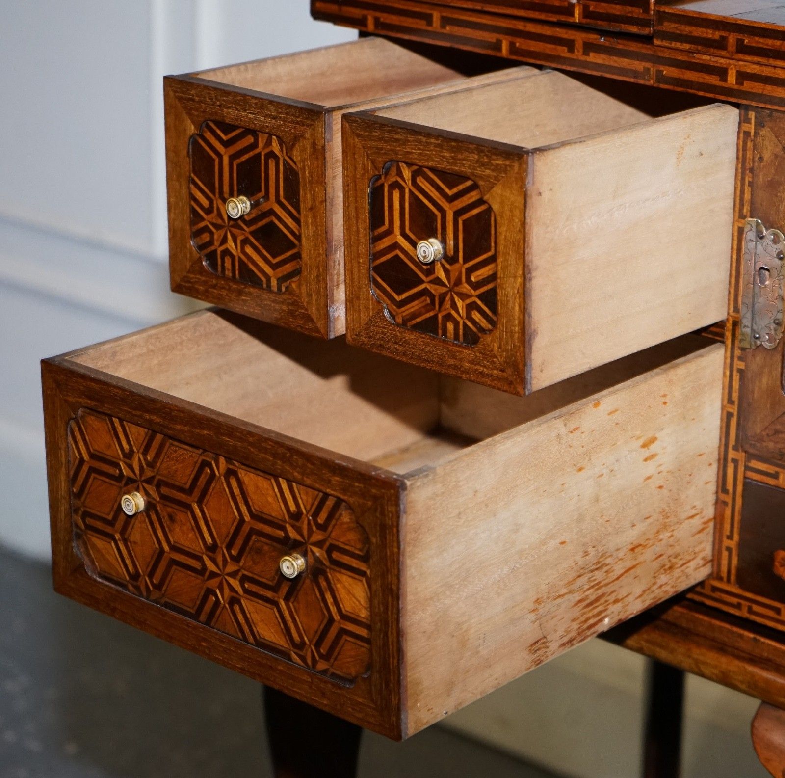 Antique Circa 1800s Japanese Marquetry Games Table Cabinet On Stand photo vintage